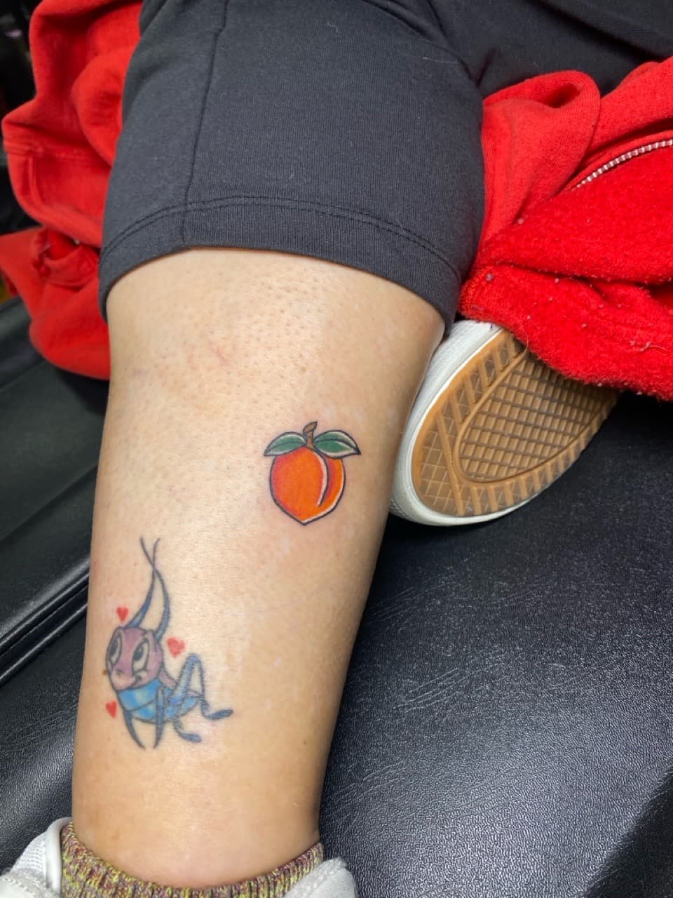 New School + Cartoon peach tattoo on Calf by Fishscale_Images on TattMe