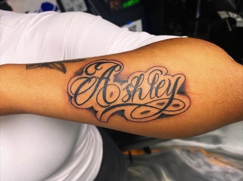 Lettering + Script name tattoo on Forearm by Fishscale_Images on TattMe
