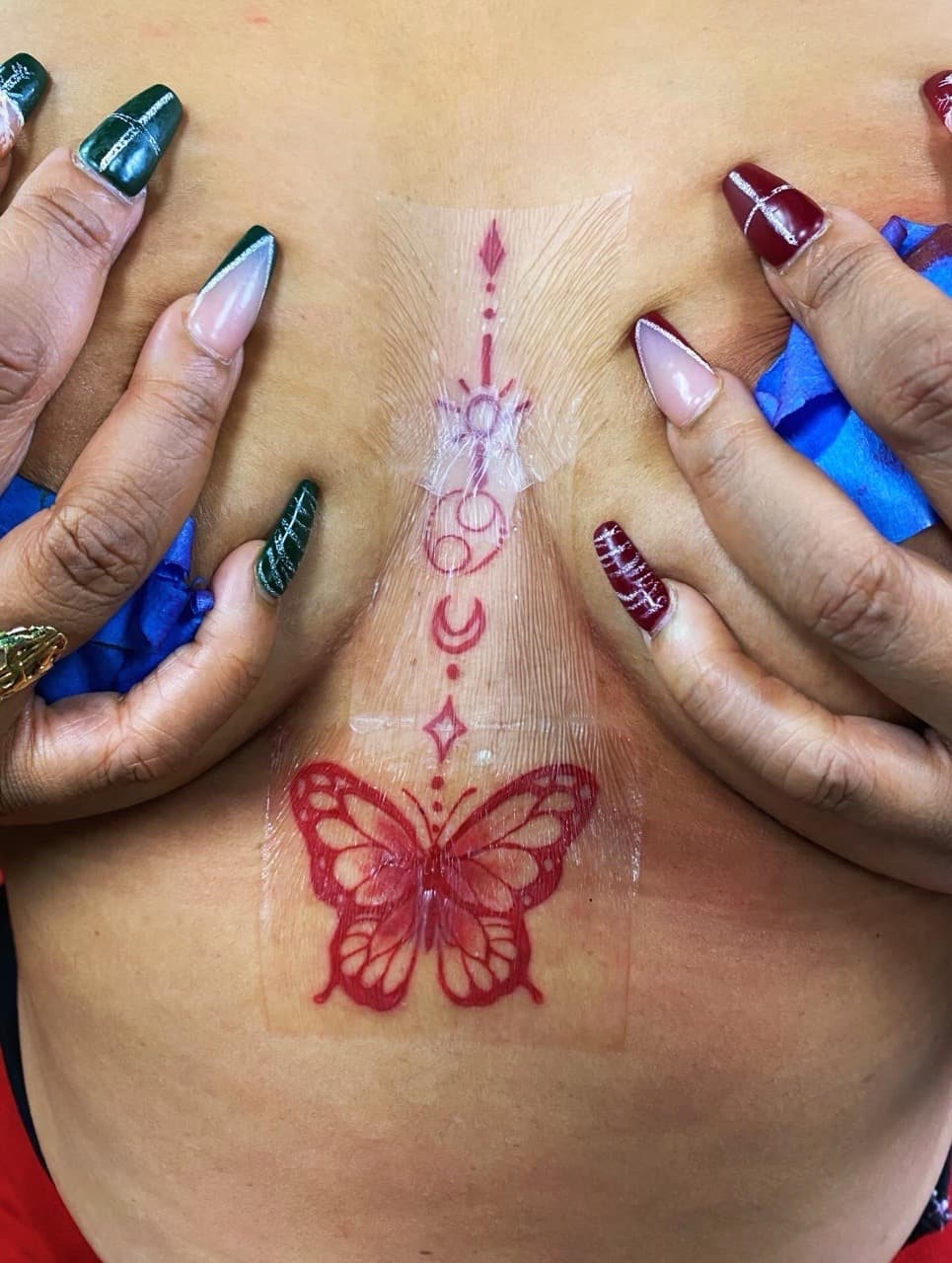 Fine Line + Color butterfly tattoo on Sternum by Fishscale_Images on TattMe