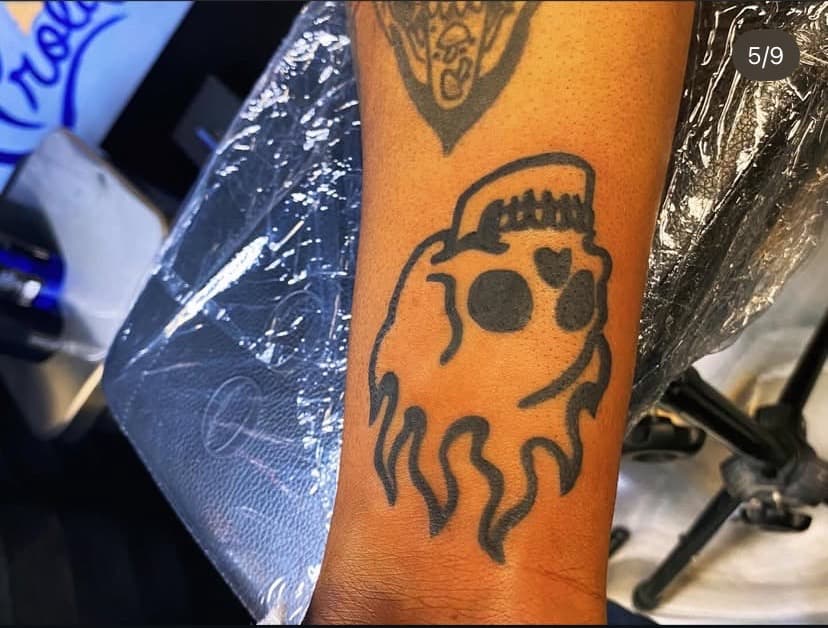 Black-work + Cartoon ghost tattoo on Forearm by Fishscale_Images on TattMe