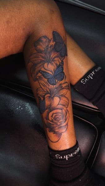 Floral + Black & Grey butterflies tattoo on Calf by LuxeInkz on TattMe
