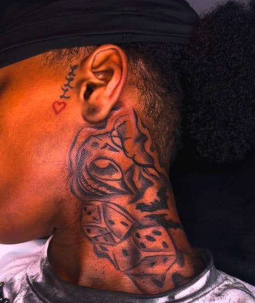 Black & Grey + Illustrative dice tattoo on Neck (Side) by LuxeInkz on TattMe