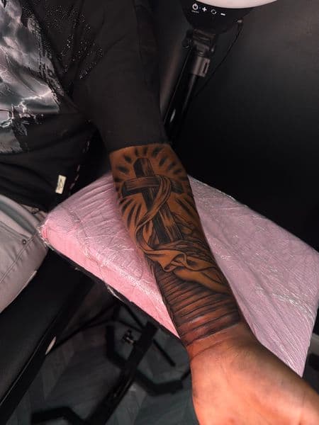 Black & Grey + Illustrative cross tattoo on Forearm by LuxeInkz on TattMe