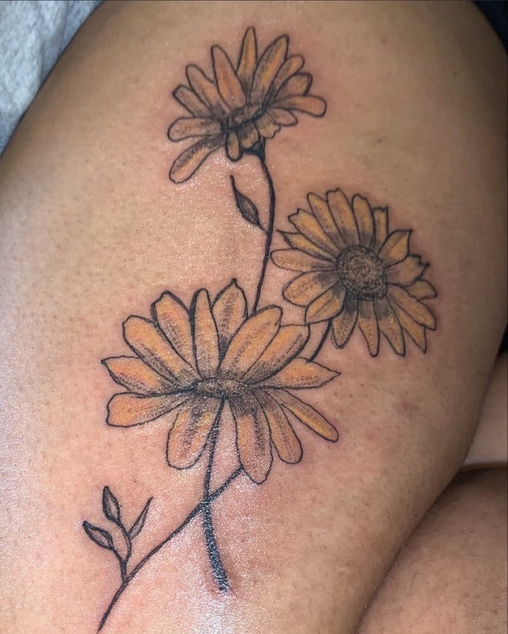 Floral + Line-work flowers tattoo on Thigh by Dre_Ink on TattMe