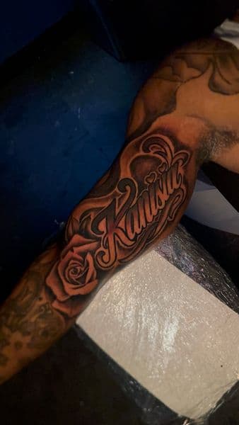 Lettering + Script name tattoo on Upper Arm by CorieTheArtist on TattMe