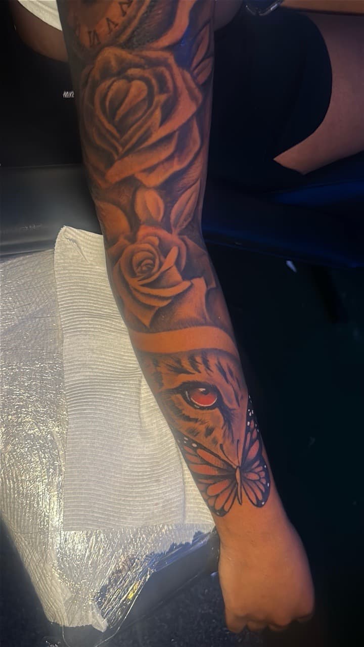 Black & Grey + Floral roses tattoo on Full Sleeve by CorieTheArtist on TattMe