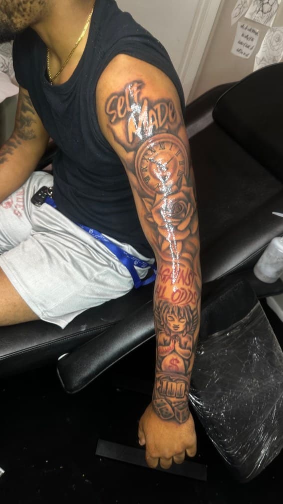 Black & Grey + Lettering clock tattoo on Full Sleeve by CorieTheArtist on TattMe