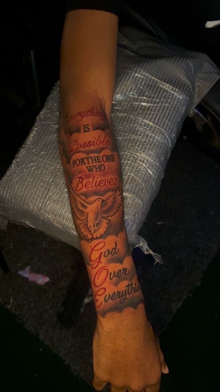 Lettering + Script dove tattoo on Forearm by CorieTheArtist on TattMe