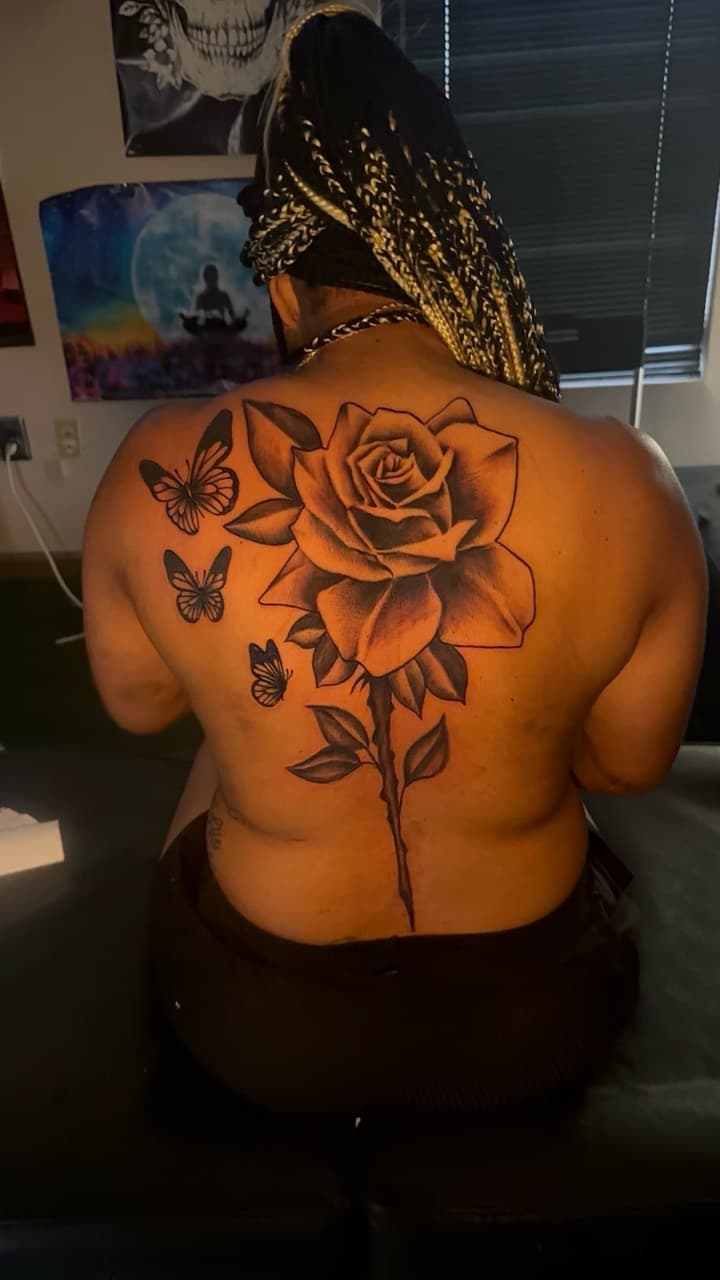 Black & Grey + Floral rose tattoo on Upper Back by CorieTheArtist on TattMe