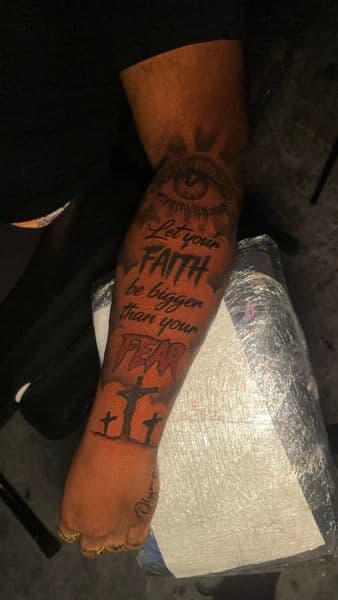 Lettering + Black & Grey eye tattoo on Forearm by CorieTheArtist on TattMe
