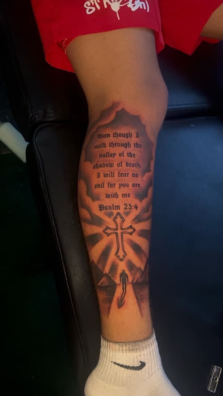 Black & Grey + Lettering cross tattoo on Calf by CorieTheArtist on TattMe