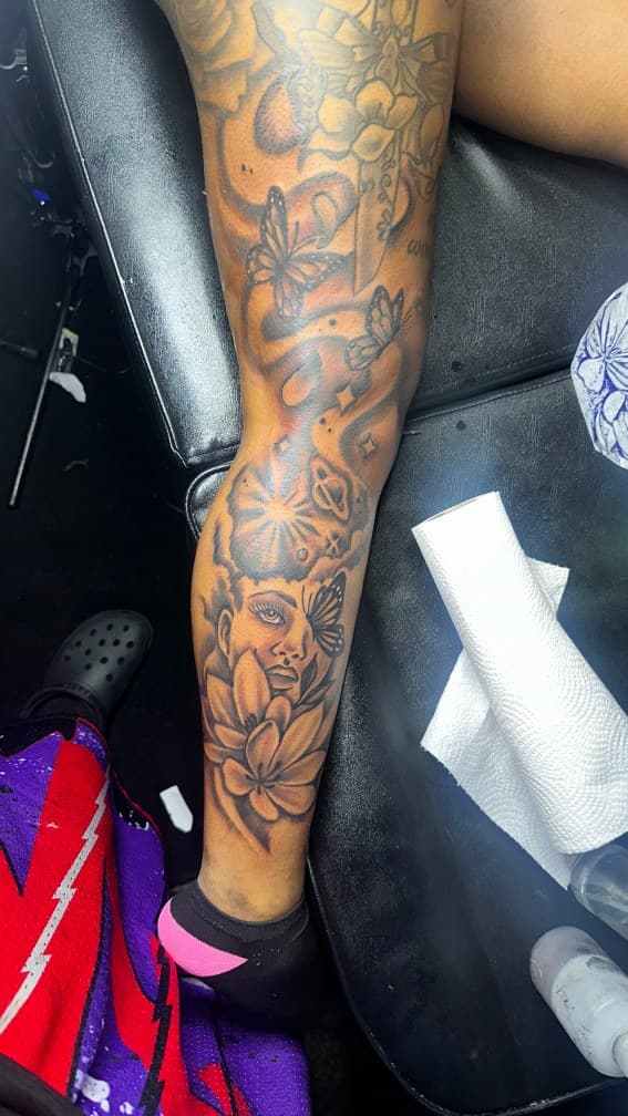Black & Grey + Illustrative woman tattoo on Calf by CorieTheArtist on TattMe