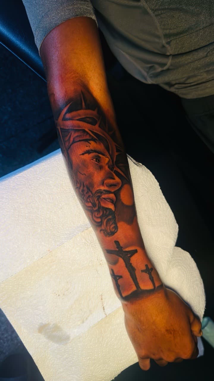 Black & Grey + Realism jesus tattoo on Forearm by CorieTheArtist on TattMe