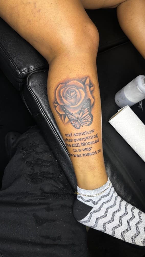 Black & Grey + Floral rose tattoo on Calf by CorieTheArtist on TattMe