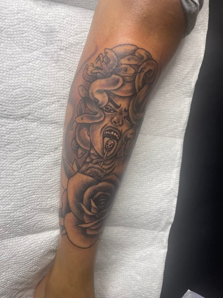 Black & Grey + Illustrative medusa tattoo on Forearm by CorieTheArtist on TattMe