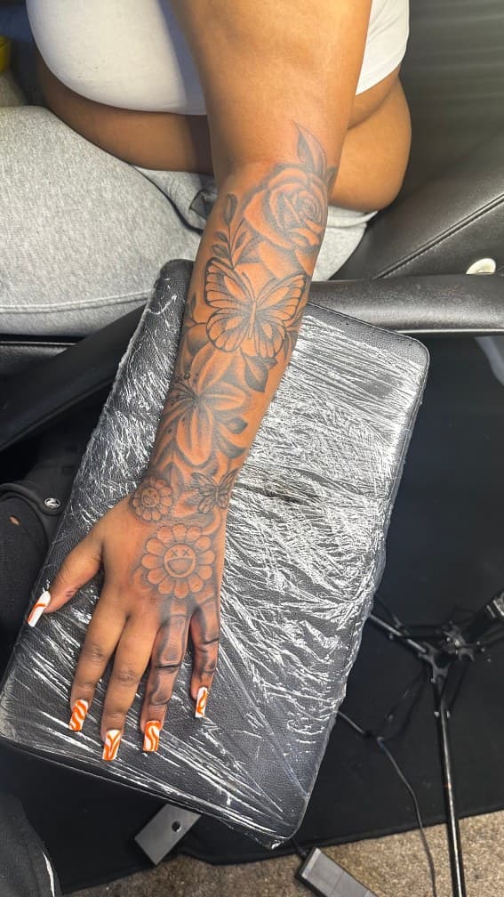 Black & Grey + Floral roses tattoo on Half Sleeve by CorieTheArtist on TattMe