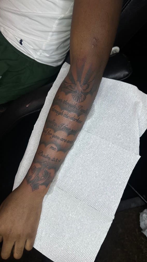 Black & Grey + Lettering dove tattoo on Forearm by CorieTheArtist on TattMe