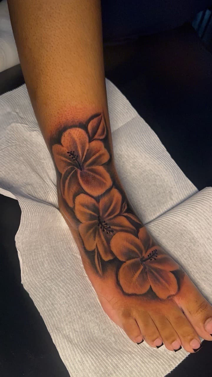 Black & Grey + Floral flowers tattoo on Foot by CorieTheArtist on TattMe