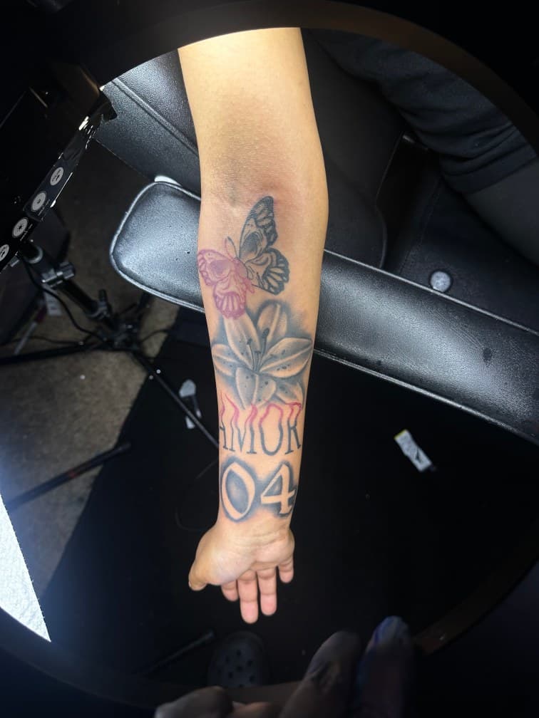 Black & Grey + Floral butterfly tattoo on Forearm by CorieTheArtist on TattMe