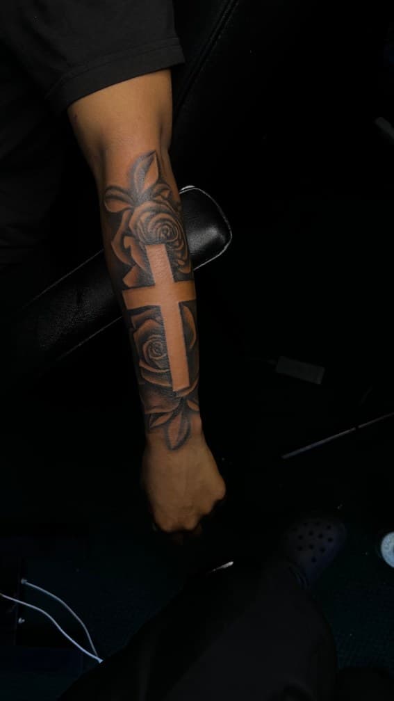 Black & Grey + Negative Space cross tattoo on Forearm by CorieTheArtist on TattMe