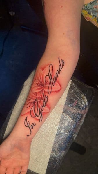 Script + Floral lilies tattoo on Forearm by CorieTheArtist on TattMe
