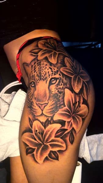 Black & Grey + Realism leopard tattoo on Thigh by CorieTheArtist on TattMe