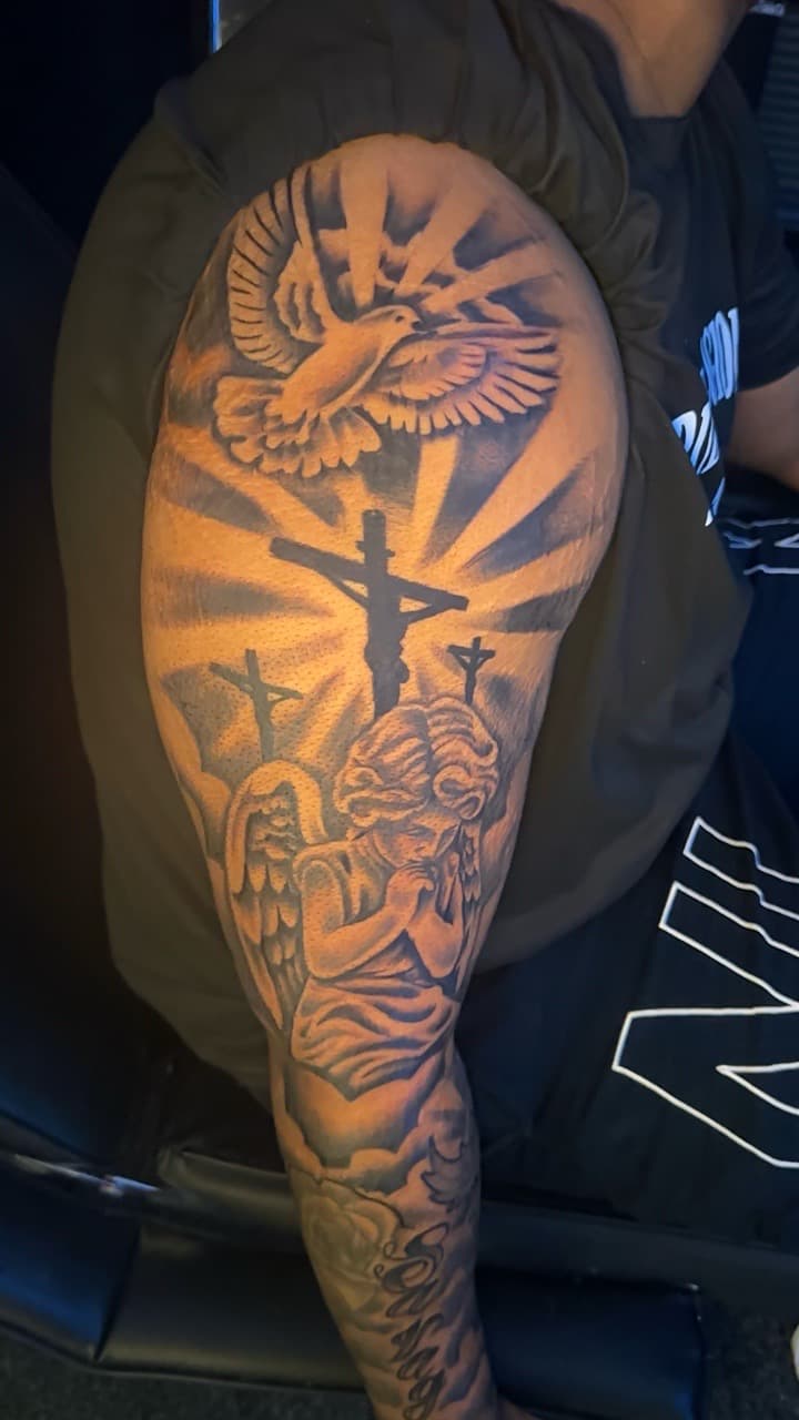 Black & Grey + Illustrative dove tattoo on Full Sleeve by CorieTheArtist on TattMe