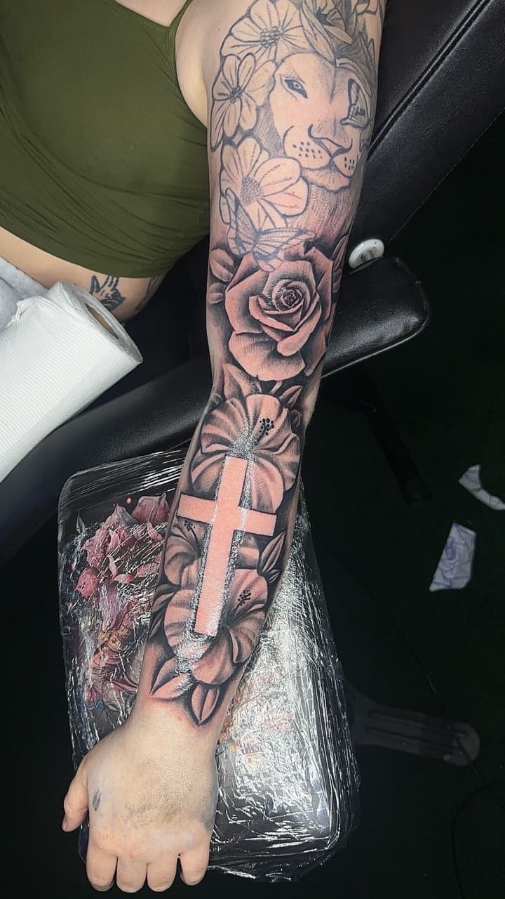 Black & Grey + Realism cross tattoo on Half Sleeve by CorieTheArtist on TattMe