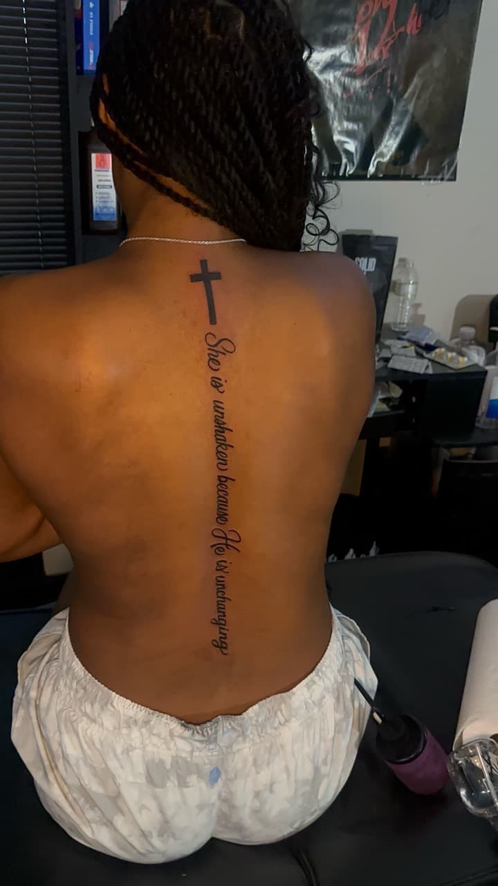 Fine Line + Black-work cross tattoo on Spine by CorieTheArtist on TattMe