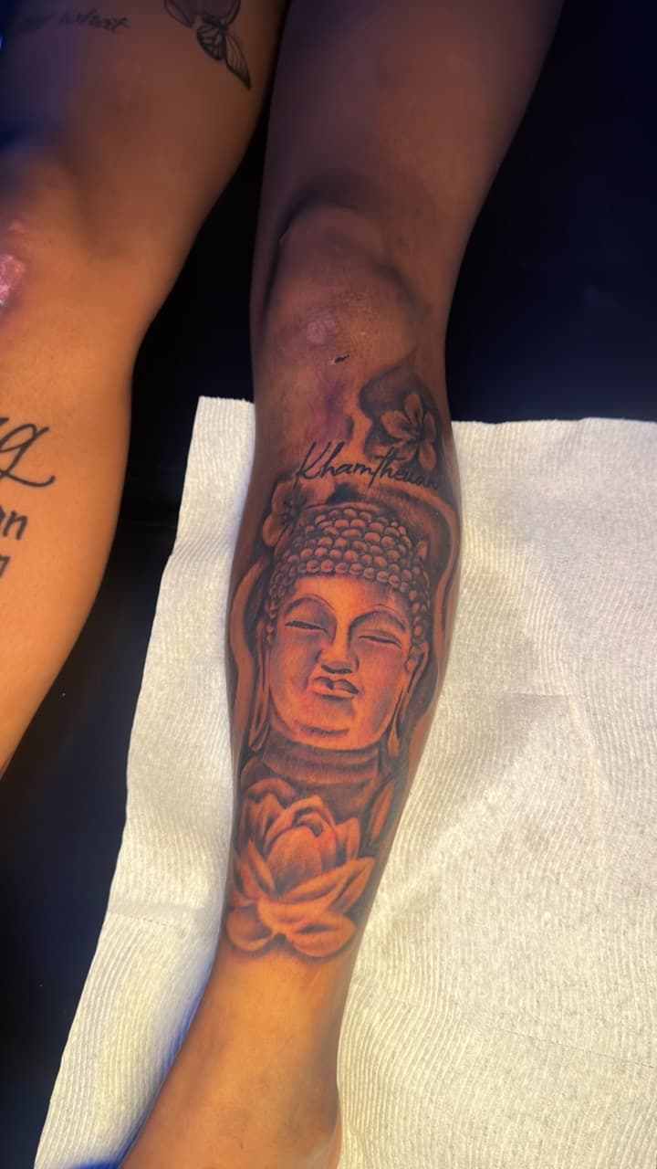 Black & Grey + Illustrative buddha tattoo on Calf by CorieTheArtist on TattMe
