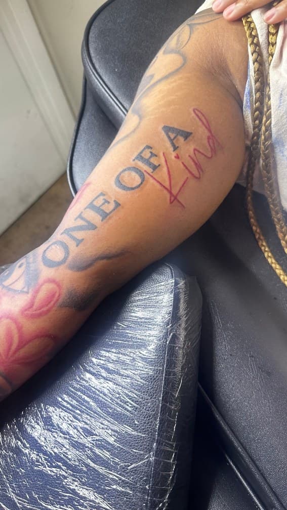 Lettering + Script phrase tattoo on Upper Arm by CorieTheArtist on TattMe