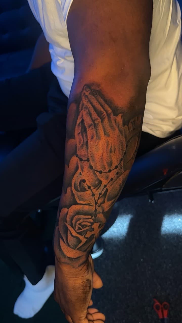 Black & Grey + Illustrative praying hands tattoo on Forearm by CorieTheArtist on TattMe