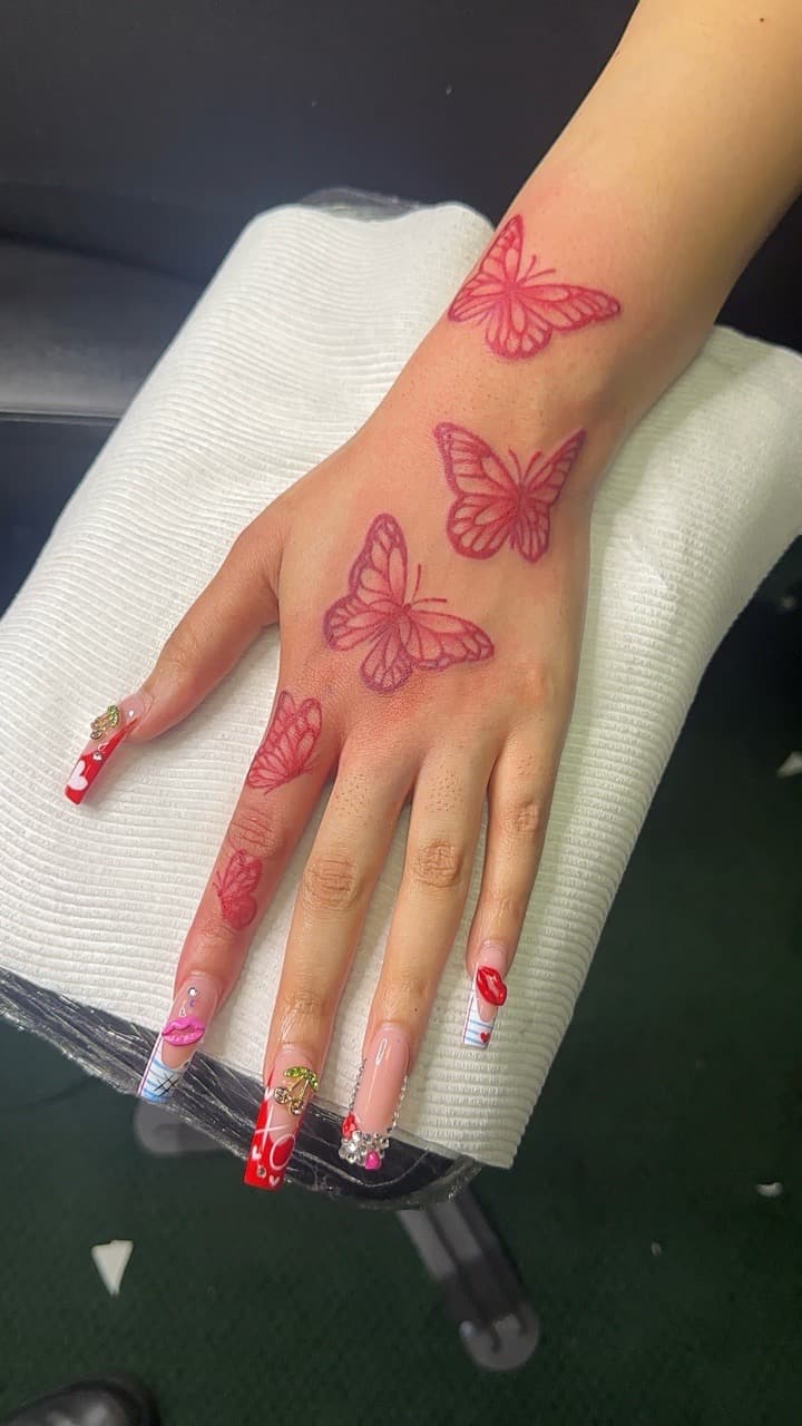 Fine Line + Minimalist butterflies tattoo on Hand by CorieTheArtist on TattMe