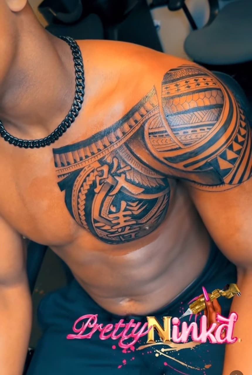 Tribal + Black-work patterns tattoo on Chest by Inkd_Up_PMitch on TattMe
