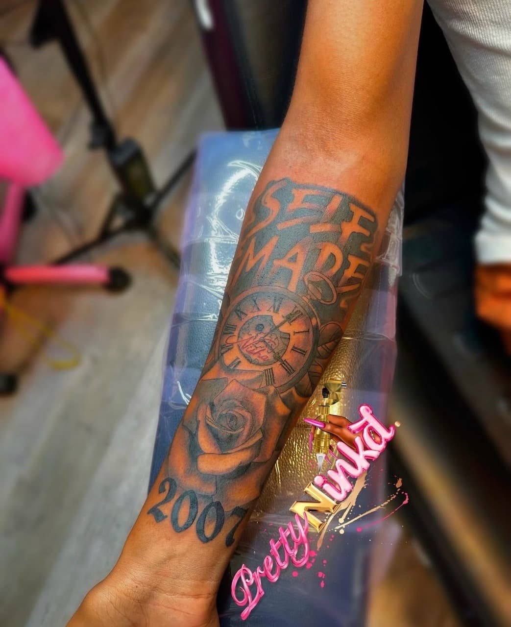 Black & Grey + Lettering pocket watch tattoo on Forearm by Inkd_Up_PMitch on TattMe