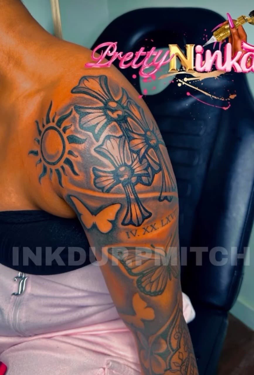 Black & Grey + Illustrative sun tattoo on Half Sleeve by Inkd_Up_PMitch on TattMe
