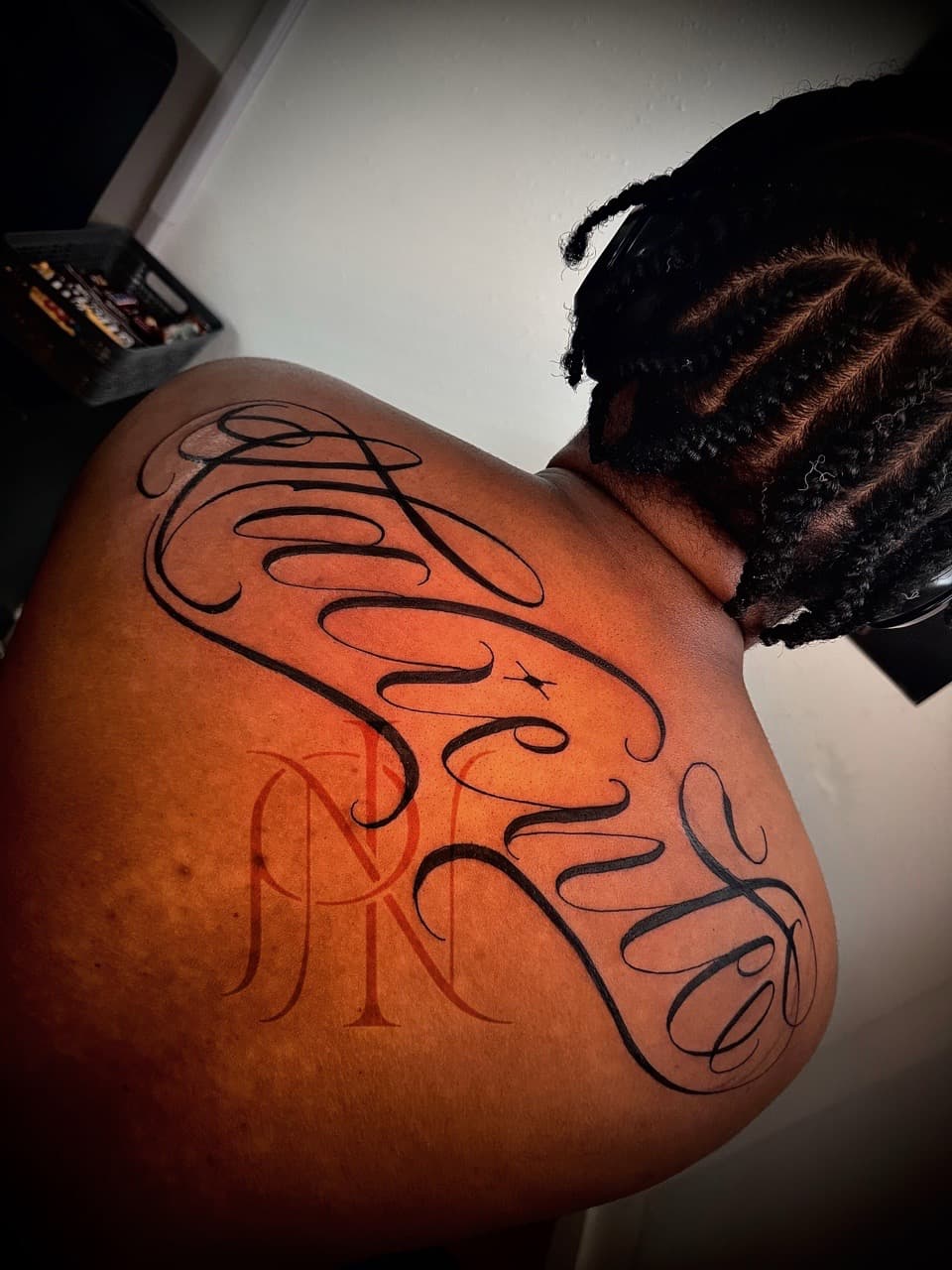 Lettering + Script swirls tattoo on Shoulder Blade by Inkd_Up_PMitch on TattMe