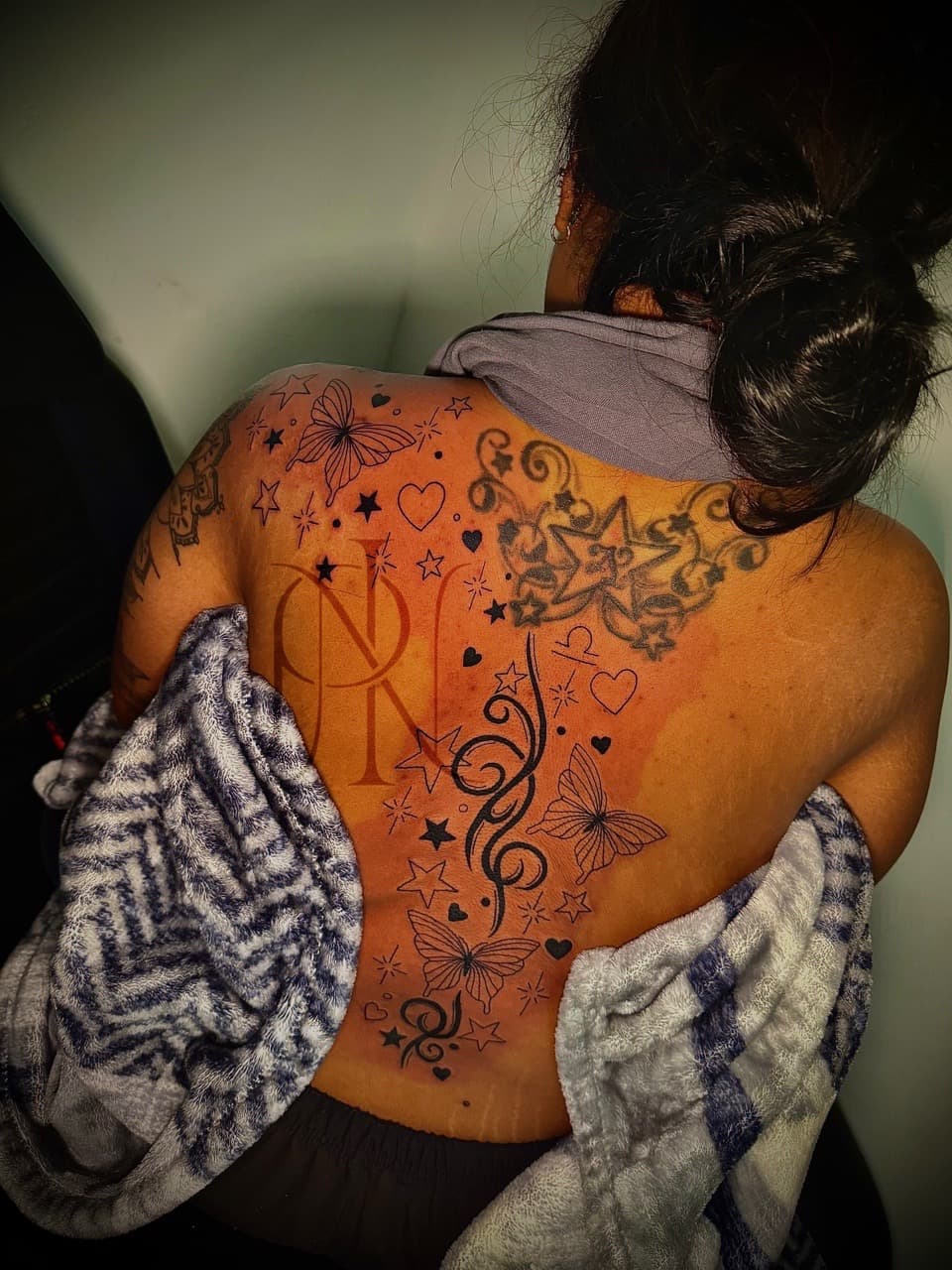 Line-work + Lettering butterflies tattoo on Upper Back by Inkd_Up_PMitch on TattMe