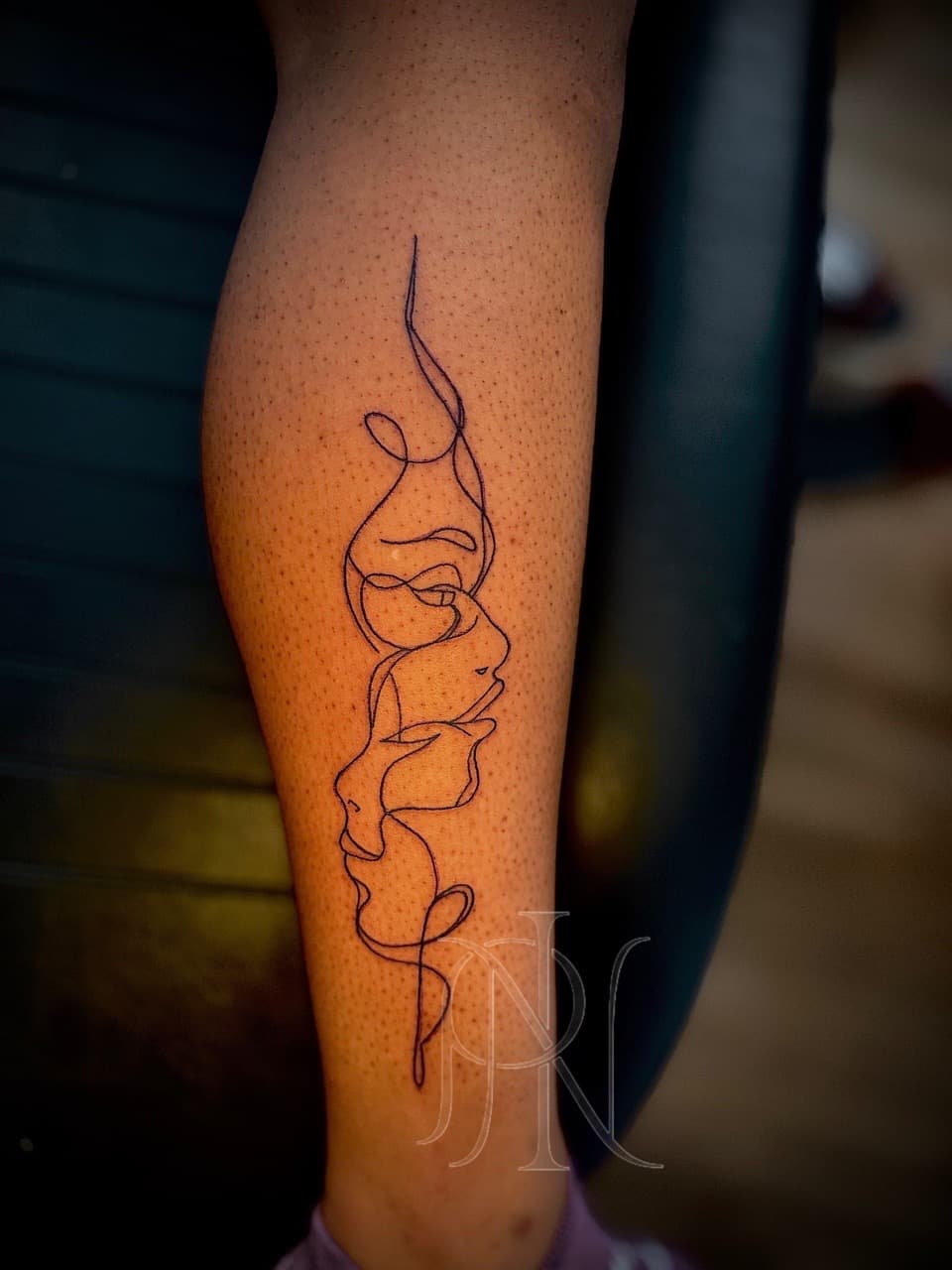 Fine Line + Line-work faces tattoo on Calf by Inkd_Up_PMitch on TattMe