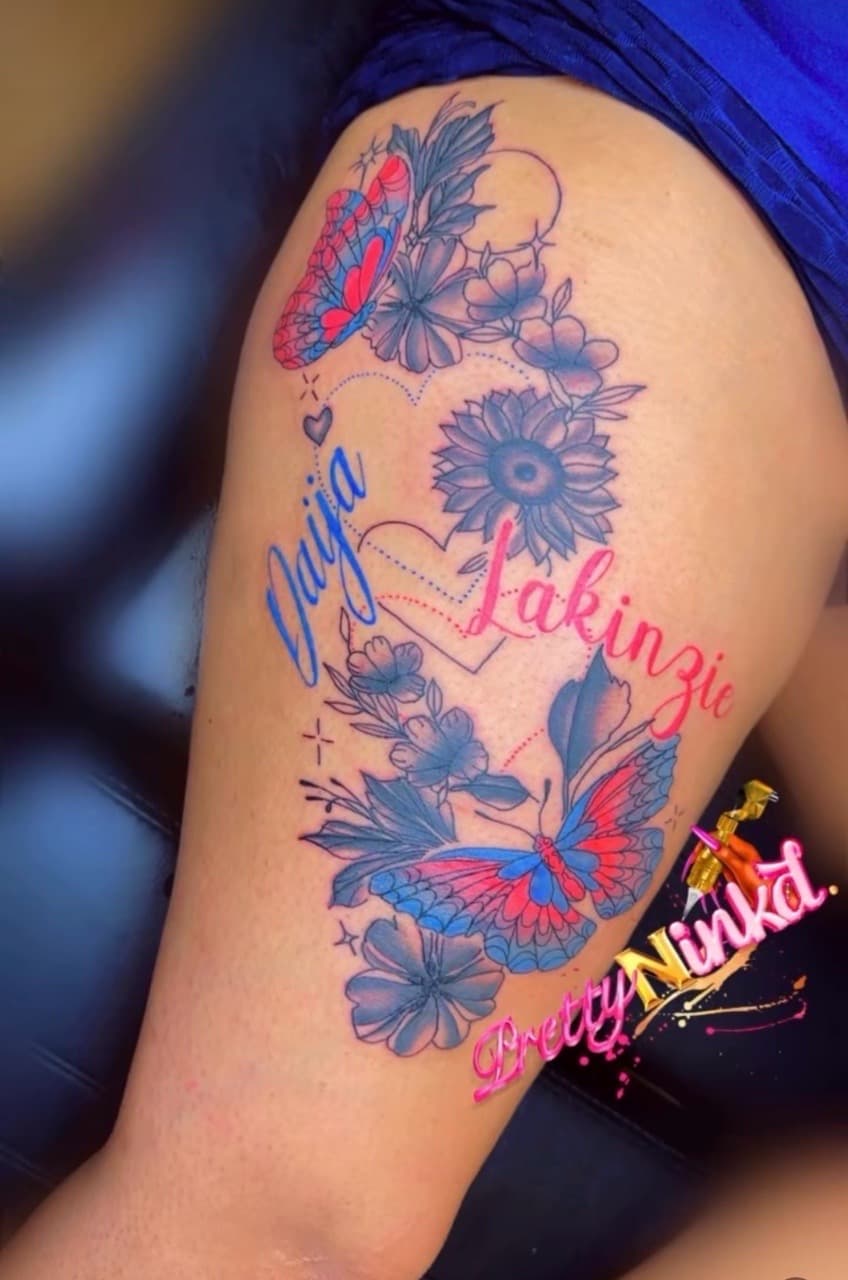 Color + Floral butterflies tattoo on Thigh by Inkd_Up_PMitch on TattMe