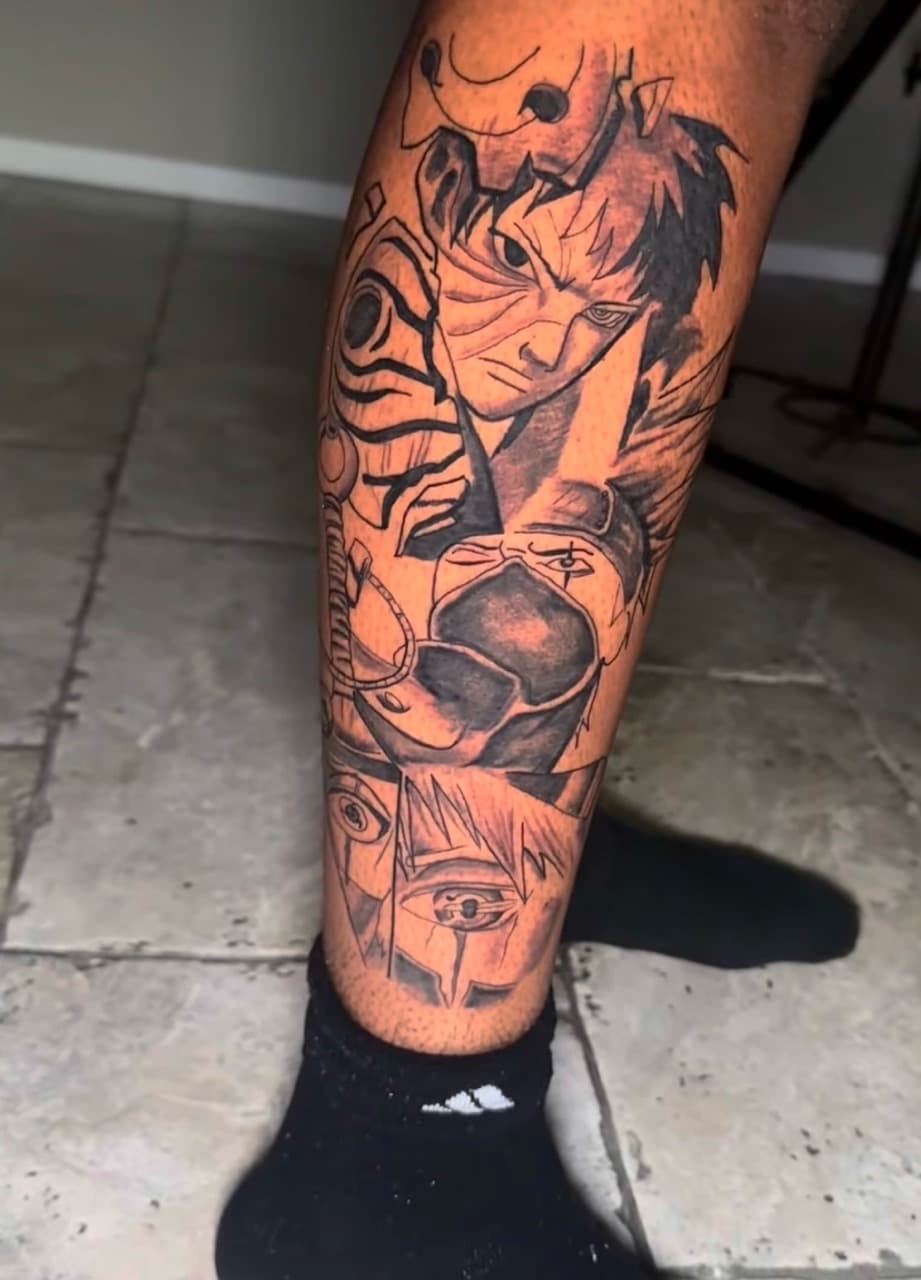 Black & Grey + Anime naruto tattoo on Calf by 1k_Ink on TattMe