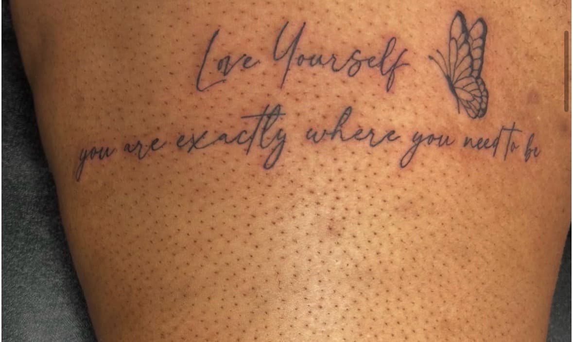 Fine Line + Lettering butterfly tattoo on Thigh by 1k_Ink on TattMe
