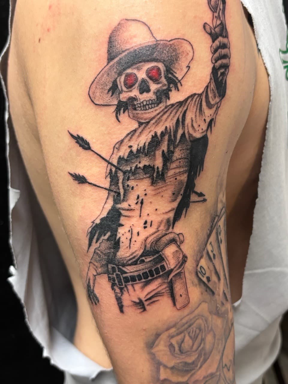 Black & Grey + Illustrative skeleton tattoo on Upper Arm by 1k_Ink on TattMe