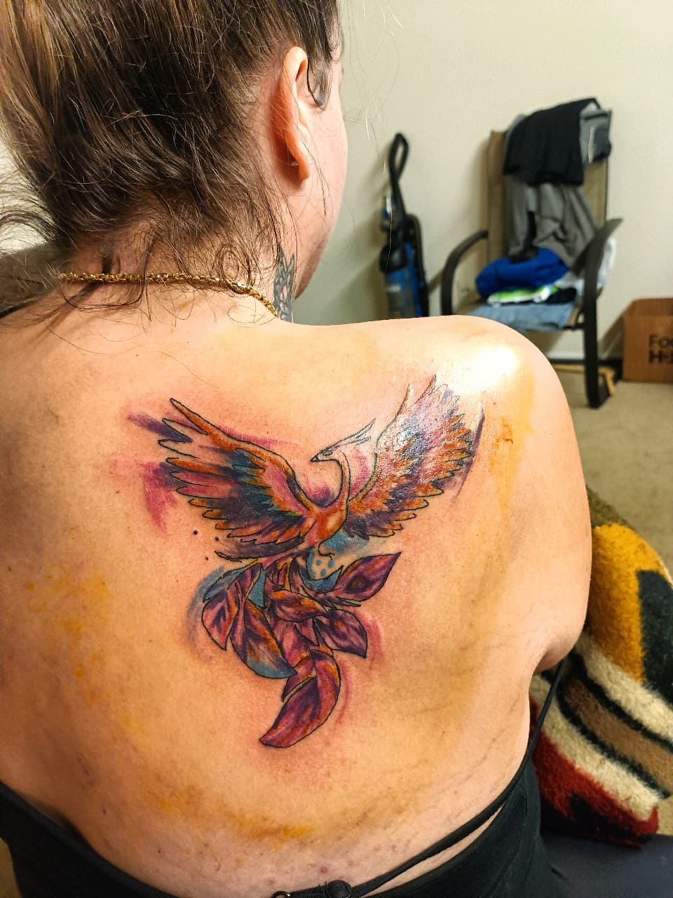 Color + Watercolor phoenix tattoo on Upper Back by TattmanW on TattMe
