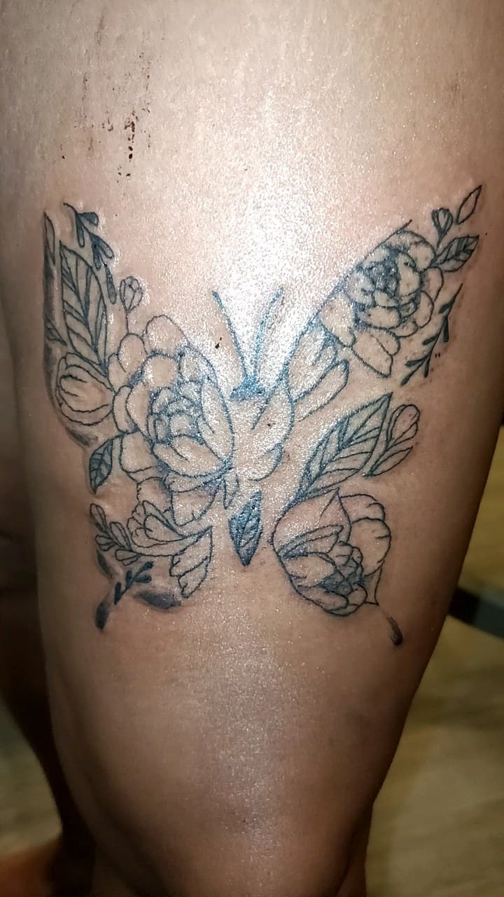 Fine Line + Floral butterfly tattoo on Thigh by TattmanW on TattMe