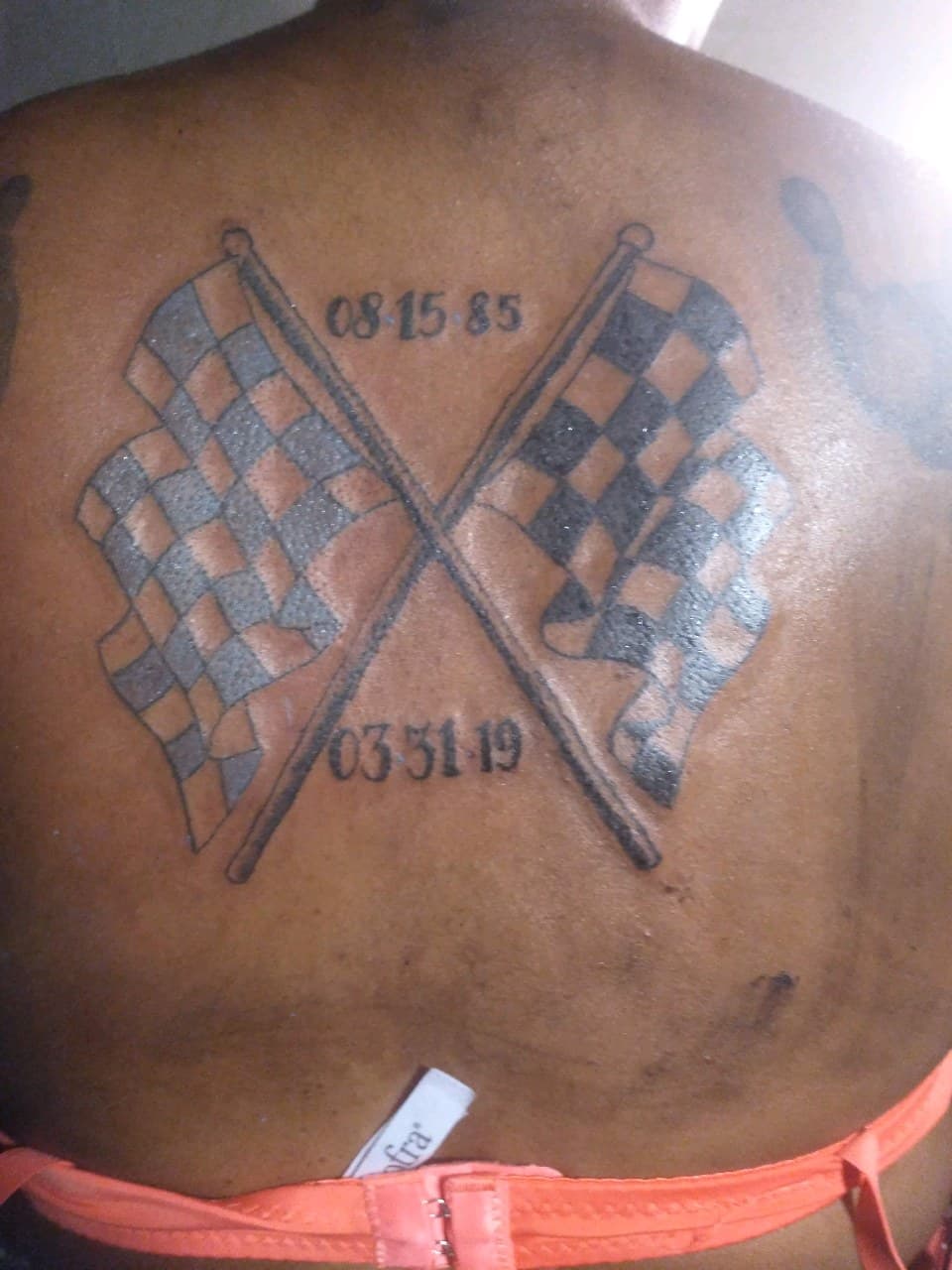 Black & Grey + Lettering flags tattoo on Upper Back by TattmanW on TattMe