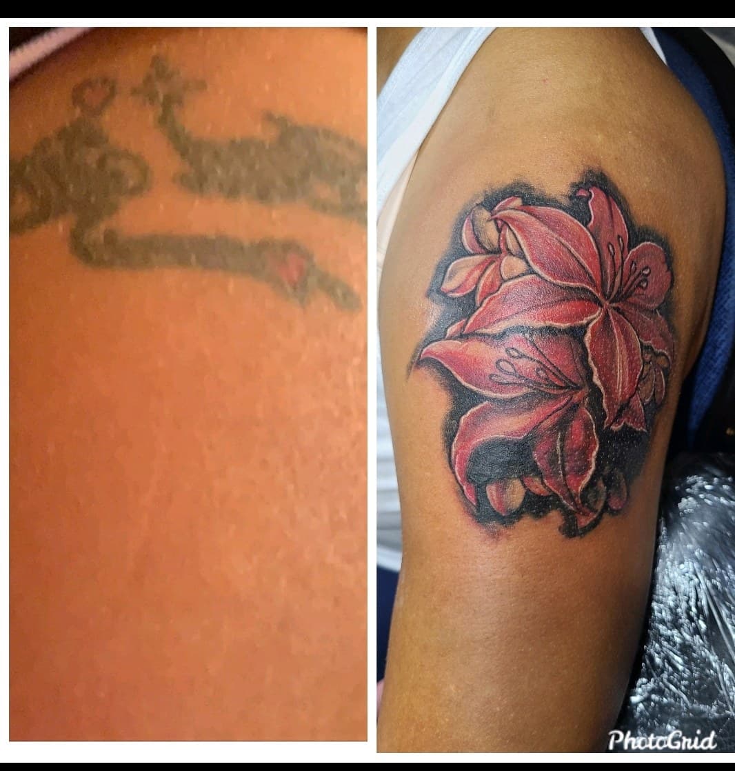 Floral + Color lilies tattoo on Upper Arm by Dank_N_Paint on TattMe