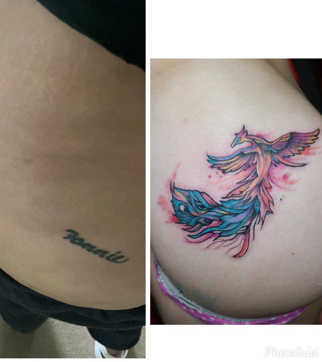 Watercolor + Color phoenix tattoo on Lower Back by Dank_N_Paint on TattMe