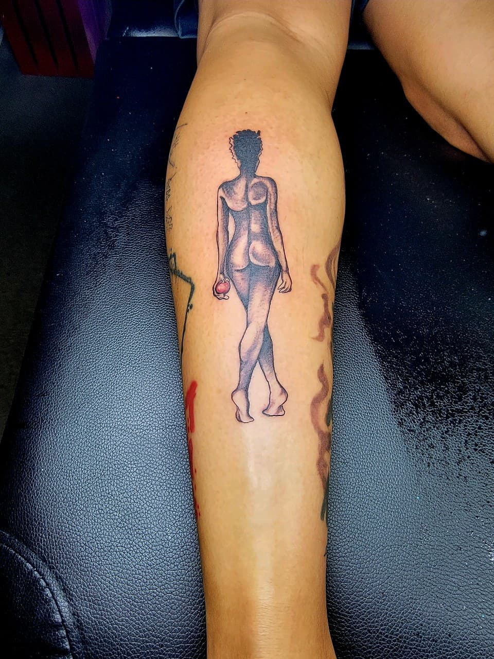 Black & Grey + Illustrative woman tattoo on Calf by Dank_N_Paint on TattMe