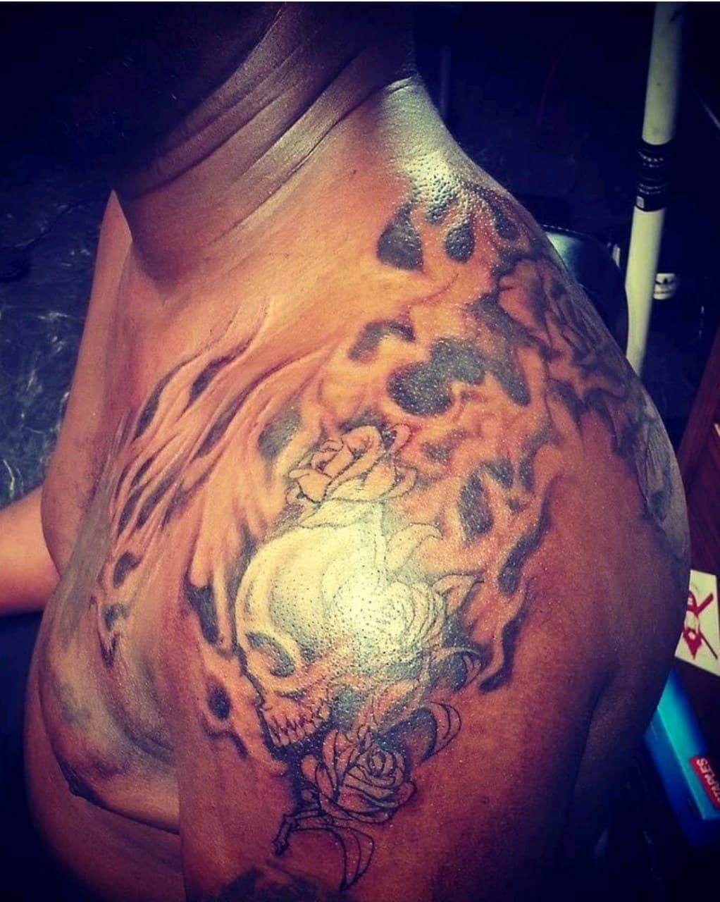 Black & Grey + Illustrative skull tattoo on Shoulder by Dank_N_Paint on TattMe